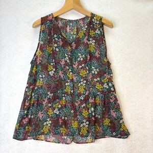 Loft Multicolor Sheer Floral Peplum Sleeveless Blouse Womens XL Cottagecore Boho